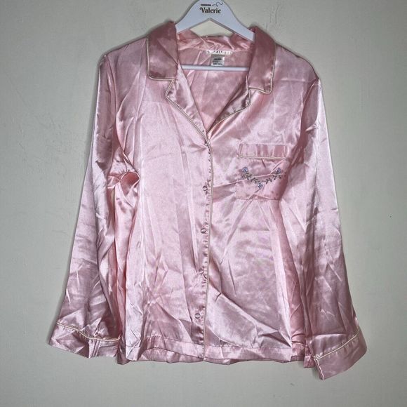 Pink K Light Pink Satin Floral Embroidered Pajama Long Sleeve Lounge Top Large - Picture 1 of 10